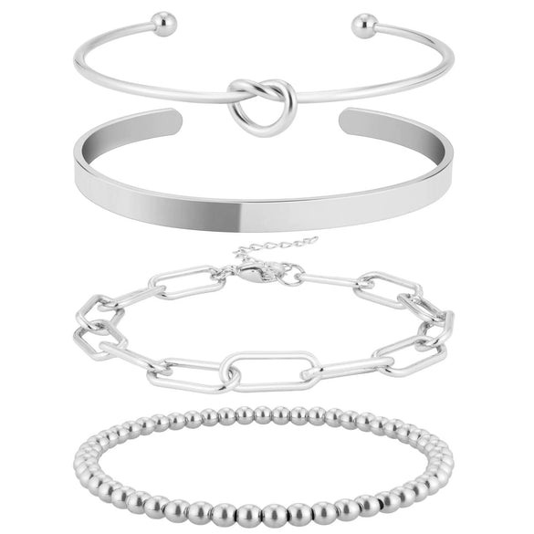 Women's Simple Stainless Steel Bracelet Set With Paperclip Chain Round Bead Flat Snake Chain And Knotted Heart Open Geometric Electroplated Design