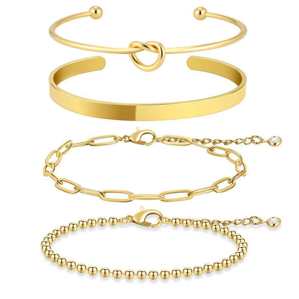 Women's Simple Stainless Steel Bracelet Set With Paperclip Chain Round Bead Flat Snake Chain And Knotted Heart Open Geometric Electroplated Design