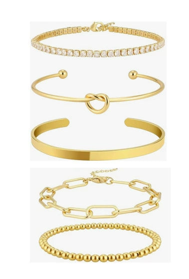 Women's Simple Stainless Steel Bracelet Set With Paperclip Chain Round Bead Flat Snake Chain And Knotted Heart Open Geometric Electroplated Design