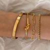 Women's Simple Stainless Steel Bracelet Set With Paperclip Chain Round Bead Flat Snake Chain And Knotted Heart Open Geometric Electroplated Design