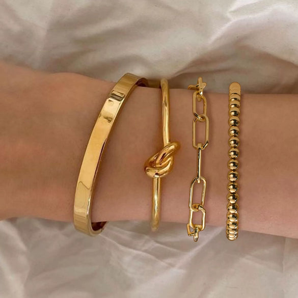 Women's Simple Stainless Steel Bracelet Set With Paperclip Chain Round Bead Flat Snake Chain And Knotted Heart Open Geometric Electroplated Design