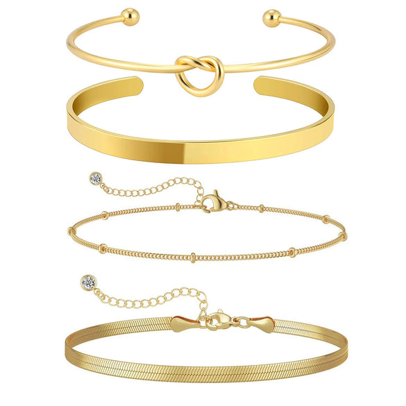 Women's Simple Stainless Steel Bracelet Set With Paperclip Chain Round Bead Flat Snake Chain And Knotted Heart Open Geometric Electroplated Design