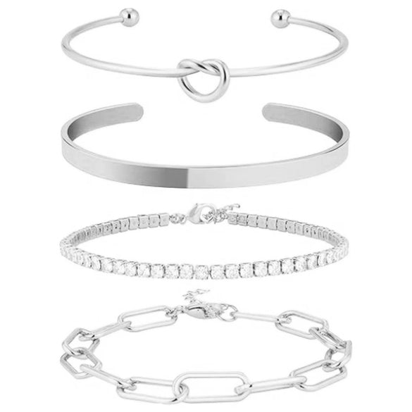 Women's Simple Stainless Steel Bracelet Set With Paperclip Chain Round Bead Flat Snake Chain And Knotted Heart Open Geometric Electroplated Design