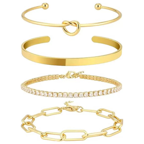 Women's Simple Stainless Steel Bracelet Set With Paperclip Chain Round Bead Flat Snake Chain And Knotted Heart Open Geometric Electroplated Design