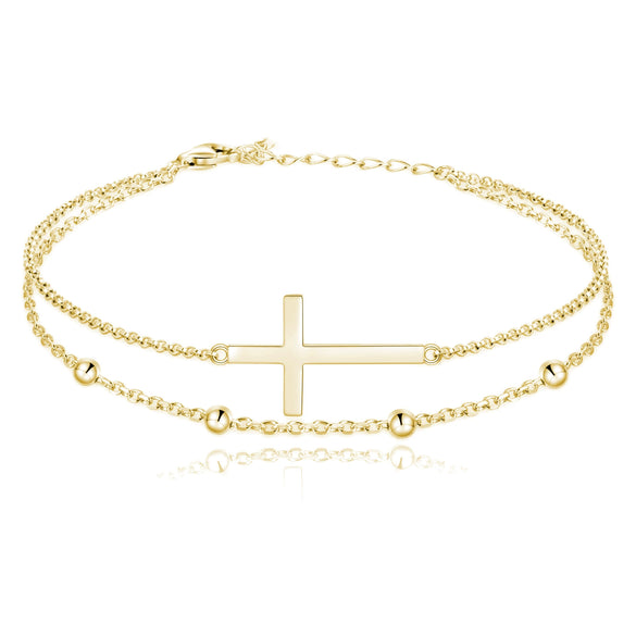 Women's Simple Stainless Steel Double Layer Cross Anklet With Round Bead Chain Fashion Layered Ankle Bracelet