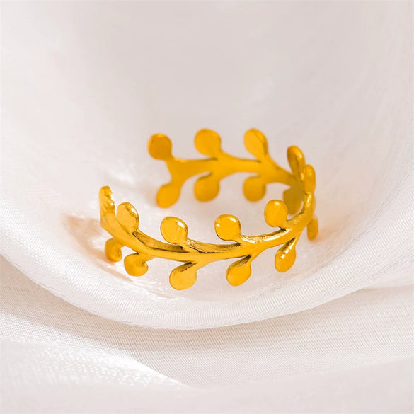 Women's Simple Stainless Steel Goldplated Olive Branch Leaf Adjustable Ring