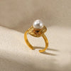 Women's Simple Titanium Steel And Imitation Pearl Ring With Geometric Heart Flower And Bow Patterns 18K Goldplated