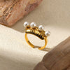 Women's Simple Titanium Steel And Imitation Pearl Ring With Geometric Heart Flower And Bow Patterns 18K Goldplated