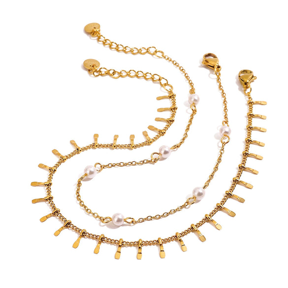 Women's Simple Trendy Freshwater Pearl Doublelayer Titanium Steel Geometric Anklet