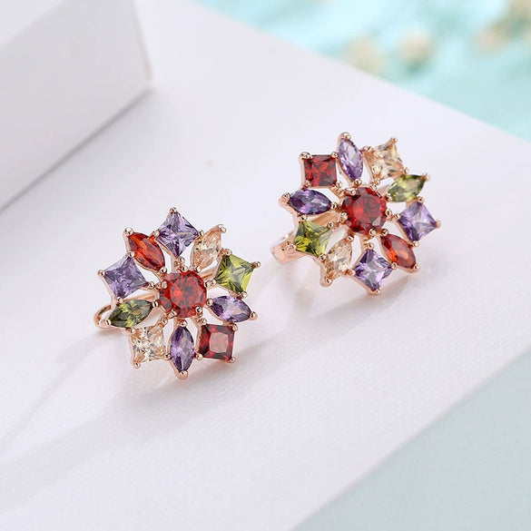 Women's Simple Zircon Earrings And Necklace Set With Flower Pendant Short Clavicle Chain Electroplated Fashion Jewelry