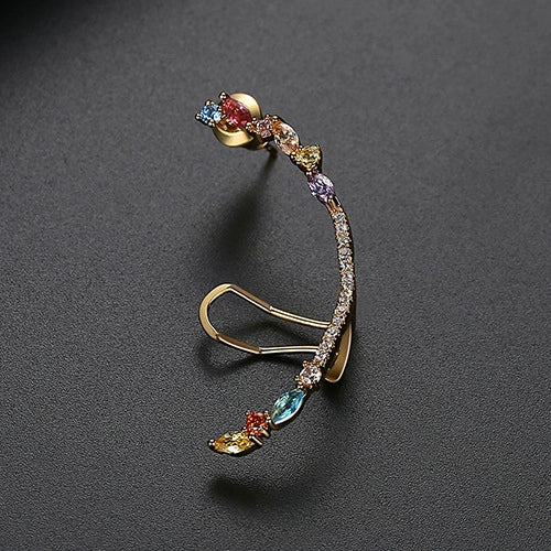 Women's Single Geometric Copper Ear Cuff Earring With Colored Zircon And Electroplated Finish Fashion Jewelry Wholesale