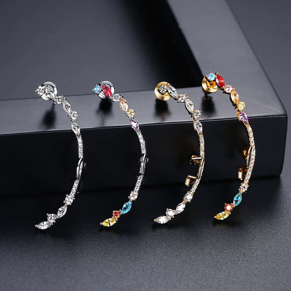 Women's Single Geometric Copper Ear Cuff Earring With Colored Zircon And Electroplated Finish Fashion Jewelry Wholesale