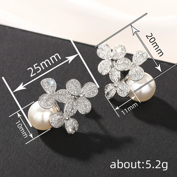 Women's Small Fresh Copper Imitation Pearl Earrings With Flower And Geometric Patterns And Zirconia Design