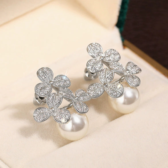 Women's Small Fresh Copper Imitation Pearl Earrings With Flower And Geometric Patterns And Zirconia Design