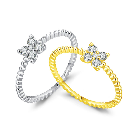 Women's Small Fresh Mori Style Four Leaf Clover Diamond Two Color Ring In S925 Sterling Silver