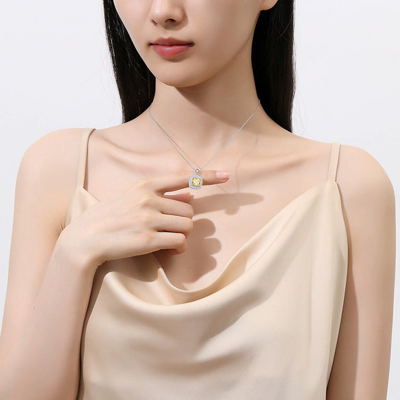 Women's Small Square Geometric Yellow Diamond Citrine Pendant 925 Sterling Silver Fashion Light Luxury Clavicle Chain Necklace