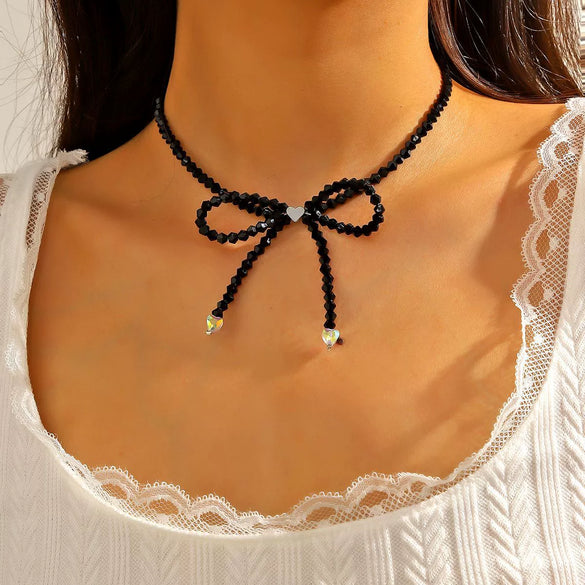 Women's Spring Small Fresh Crystal Beaded Artificial Crystal Bow Necklace