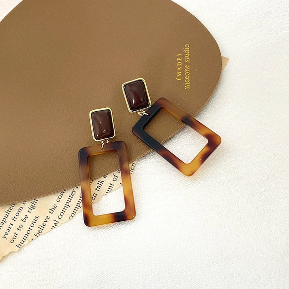 Women's Square Acrylic And S925 Sterling Silver Leopard Earrings With Electroplating