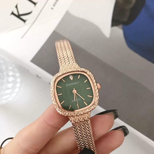 Women's Square Alloy And Stainless Steel Bracelet Watch Simple Retro Style With Printed Logo