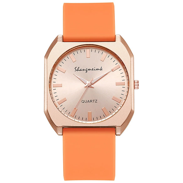 Women's Square Alloy Case And Silicone Band Quartz Watch With Spiral Crown And Horseshoe Buckle