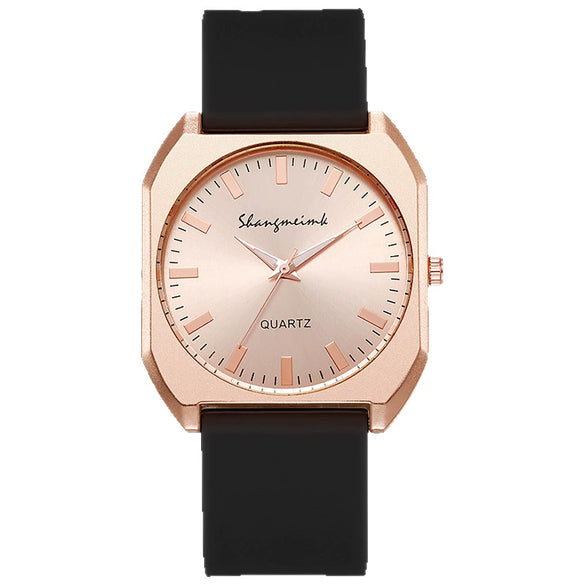 Women's Square Alloy Case And Silicone Band Quartz Watch With Spiral Crown And Horseshoe Buckle