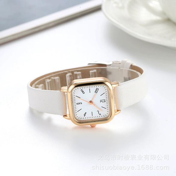 Women's Square Alloy Case Imitation Leather Strap Quartz Watch With Simple Roman Numerals And Spiral Crown