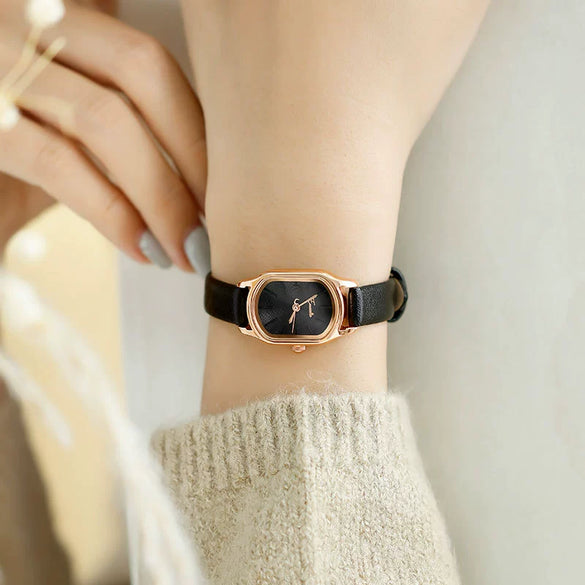Women's Square Alloy Pu Rose Gold Watch Retro Simple Light Luxury Niche New Style Printed Logo Waterproof Mineral Strengthened Mirror Pin Buckle Spiral Crown