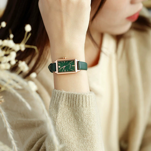 Women's Square Alloy Pu Rose Gold Watch Retro Simple Light Luxury Niche New Style Printed Logo Waterproof Mineral Strengthened Mirror Pin Buckle Spiral Crown