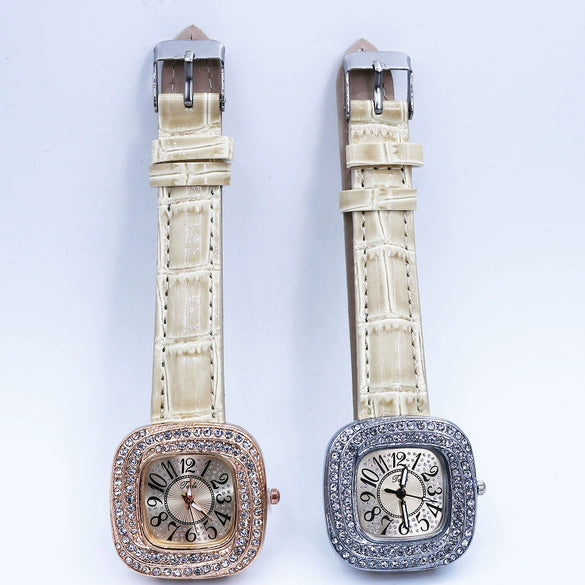 Women's Square Alloy Quartz Watch With Rhinestones And Pu Strap