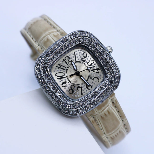 Women's Square Alloy Quartz Watch With Rhinestones And Pu Strap