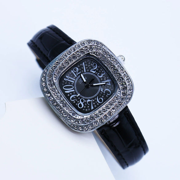 Women's Square Alloy Quartz Watch With Rhinestones And Pu Strap