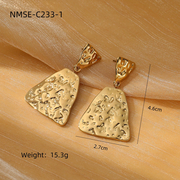 Women's Square And Triangular Pleated Textured Titanium Steel And Stainless Steel 18K Gold Electroplated Earrings Simple Geometric Style