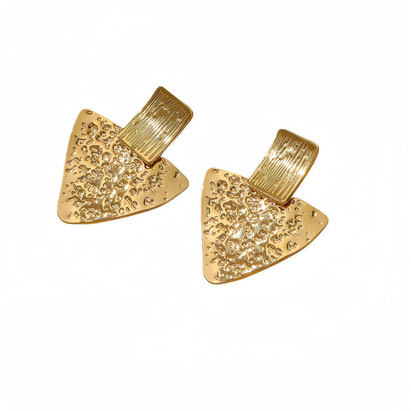 Women's Square And Triangular Pleated Textured Titanium Steel And Stainless Steel 18K Gold Electroplated Earrings Simple Geometric Style