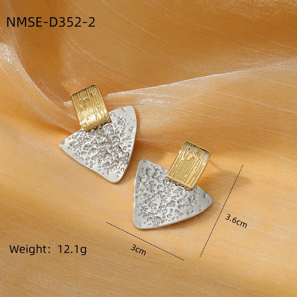 Women's Square And Triangular Pleated Textured Titanium Steel And Stainless Steel 18K Gold Electroplated Earrings Simple Geometric Style