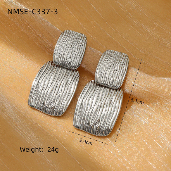 Women's Square And Triangular Pleated Textured Titanium Steel And Stainless Steel 18K Gold Electroplated Earrings Simple Geometric Style