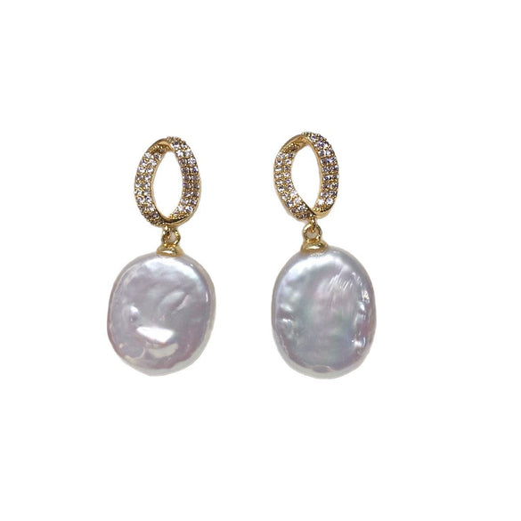 Women's Square Baroque Natural Freshwater Pearl Earrings With Alloy Inlaid Artificial And Semiprecious Stones In Alien Shape