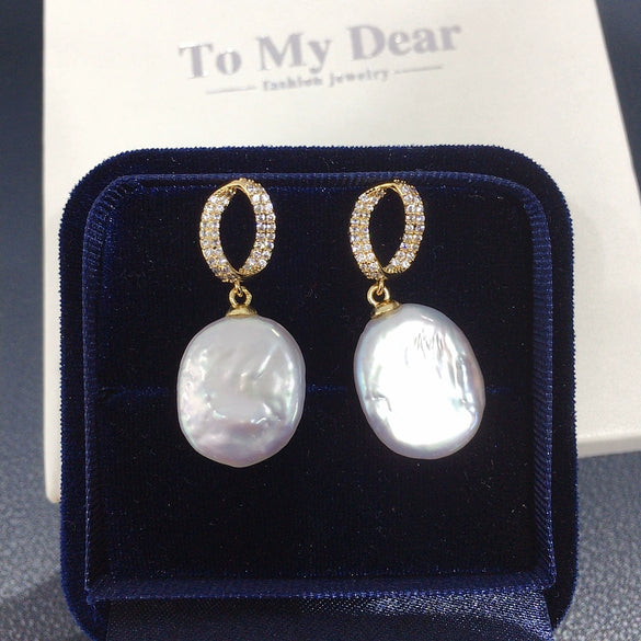 Women's Square Baroque Natural Freshwater Pearl Earrings With Alloy Inlaid Artificial And Semiprecious Stones In Alien Shape
