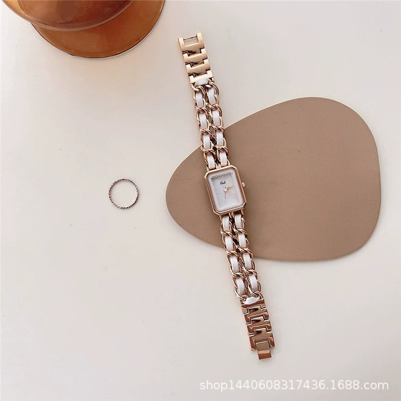Women's Square Bracelet Watch Alloy Ordinary Glass Mirror Midancient Simple Elegant Light Luxury Niche Retro Woven Strap Leisure Style