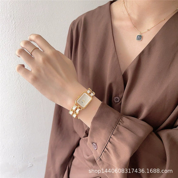 Women's Square Bracelet Watch Alloy Ordinary Glass Mirror Midancient Simple Elegant Light Luxury Niche Retro Woven Strap Leisure Style