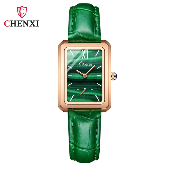 Women's Square Genuine Leather Fashion Waterproof Watch With Peacock Green Stone Pattern
