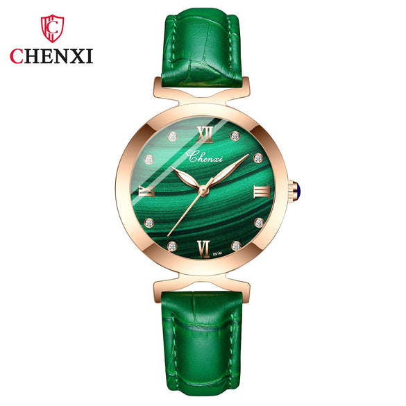 Women's Square Genuine Leather Fashion Waterproof Watch With Peacock Green Stone Pattern