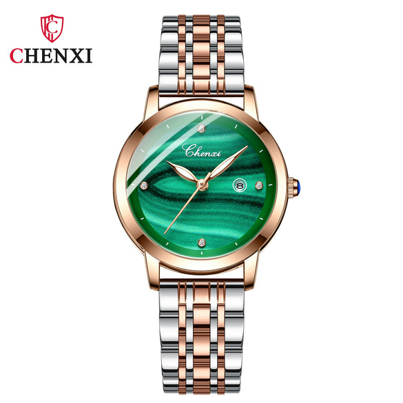 Women's Square Genuine Leather Fashion Waterproof Watch With Peacock Green Stone Pattern