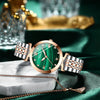 Women's Square Genuine Leather Fashion Waterproof Watch With Peacock Green Stone Pattern