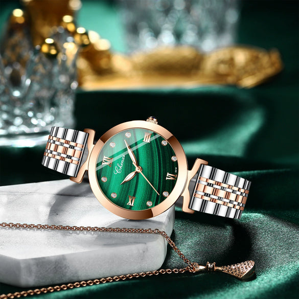 Women's Square Genuine Leather Fashion Waterproof Watch With Peacock Green Stone Pattern
