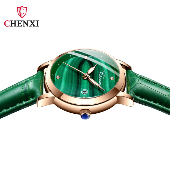 Women's Square Genuine Leather Fashion Waterproof Watch With Peacock Green Stone Pattern