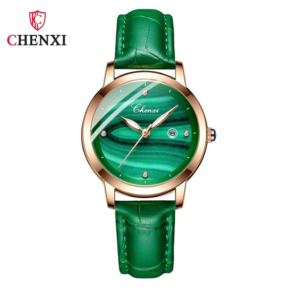 Women's Square Genuine Leather Fashion Waterproof Watch With Peacock Green Stone Pattern