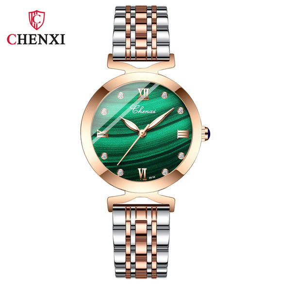 Women's Square Genuine Leather Fashion Waterproof Watch With Peacock Green Stone Pattern