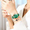 Women's Square Genuine Leather Fashion Waterproof Watch With Peacock Green Stone Pattern