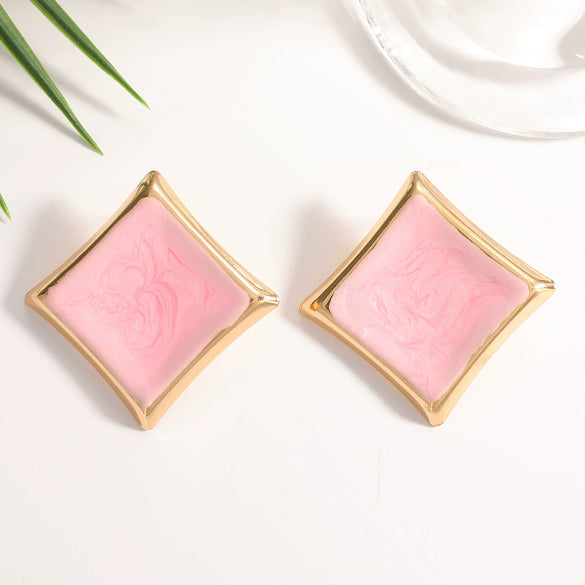 Women's Square Geometric Stud Earrings With Drip Glaze Finish Fashionable Iron Jewelry With Stainless Steel Posts And Sophisticated Style