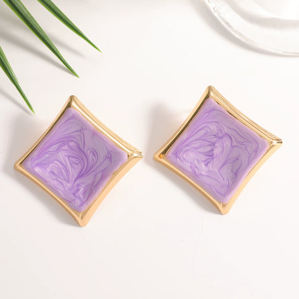 Women's Square Geometric Stud Earrings With Drip Glaze Finish Fashionable Iron Jewelry With Stainless Steel Posts And Sophisticated Style